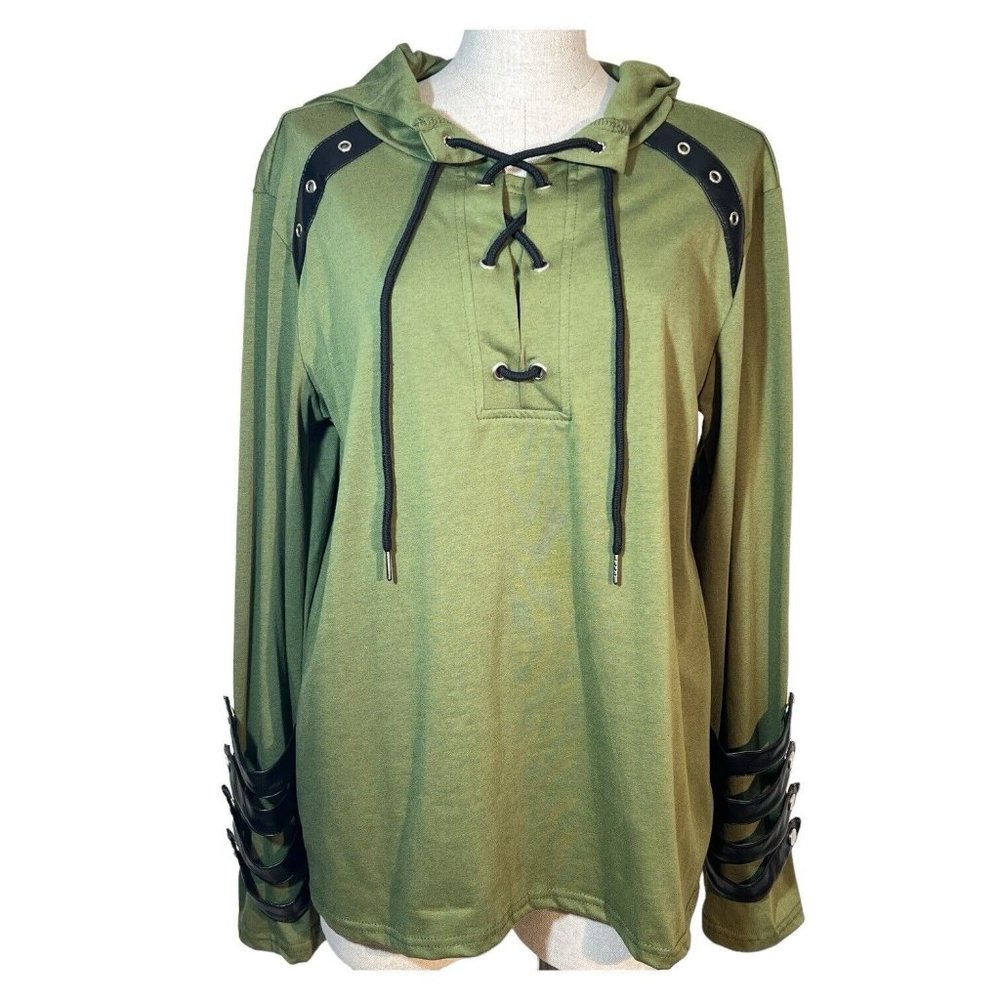 Mens Lace Up Hooded Shirt Green Faux‎ Black Leather Size L Cosplay Medieval